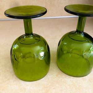 Pair of vintage avocado green glass goblets.  Thumbprint coin dot pattern.